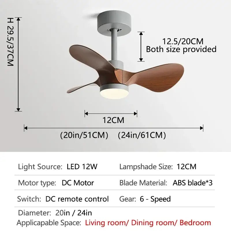 Modern white and wood mini ceiling fan bedroom led light
