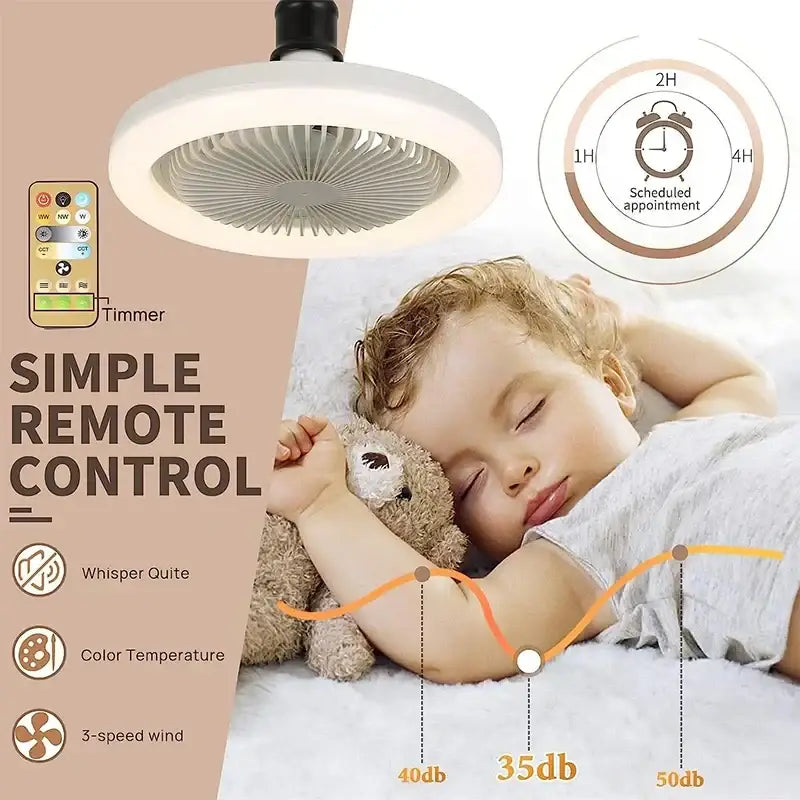 Modern white circular ceiling fan with remote control for bedroom