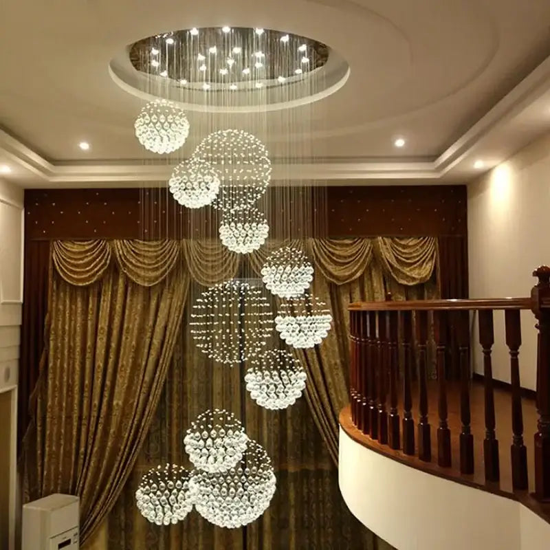 Modern white crystal ball chandelier staircase living room light