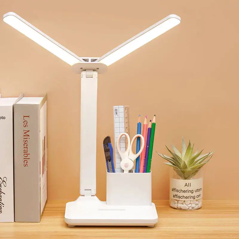 Modern white dual arm led desk lamp with pen holder bedroom light
