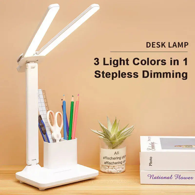 Modern white dual arm led desk lamp with pen holder bedroom light