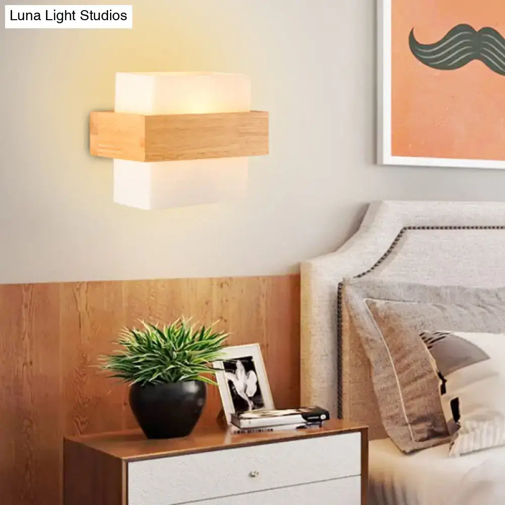Modern white glass and wood wall light bedroom sconce