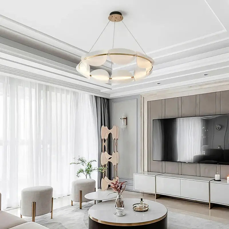 Modern white & gold circular petal led chandelier living room light