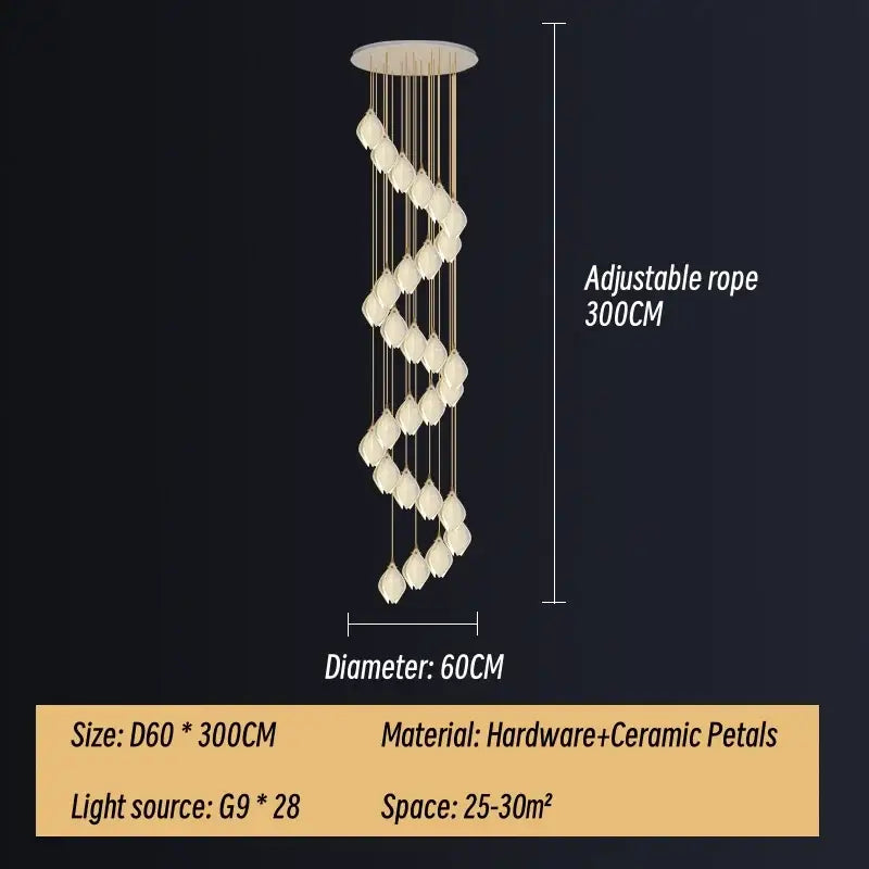 Modern white & gold leaf ceramic led staircase pendant light dining room