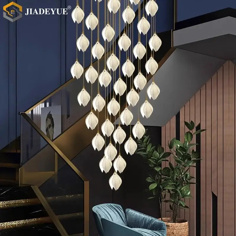 Modern white & gold leaf ceramic led staircase pendant light dining room