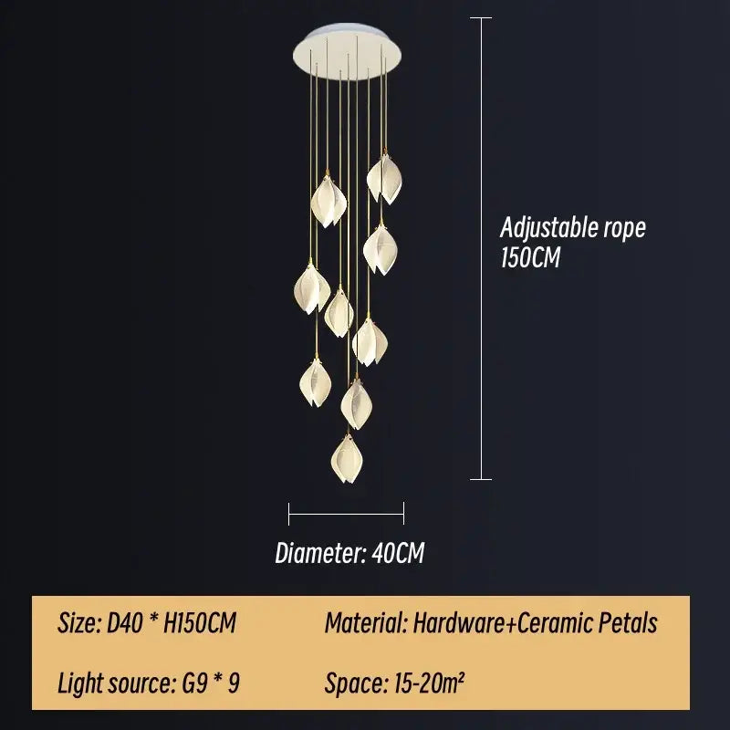 Modern white & gold leaf ceramic led staircase pendant light dining room