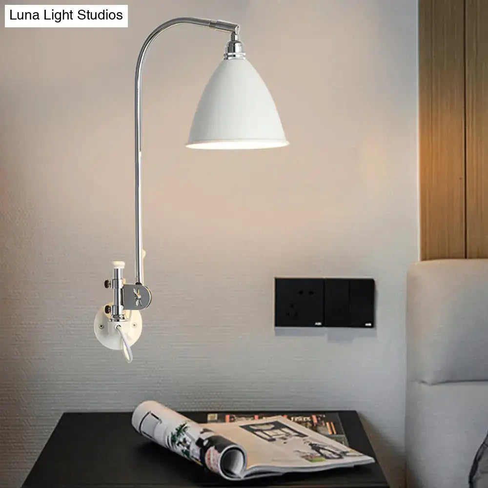 Modern white sconce with chrome arm and metal shade bedroom wall lamp