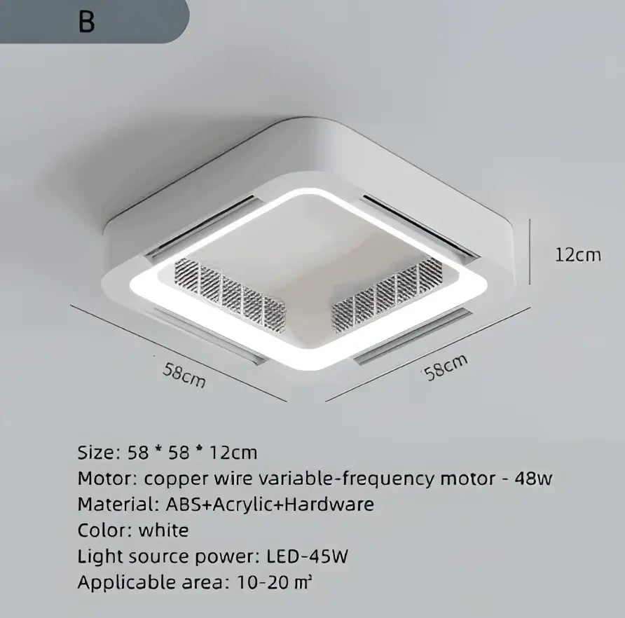 Modern white square bladeless ceiling fan light bedroom led circulator