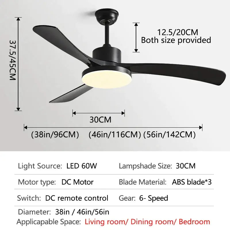 Modern wood 56 inch 3-leaf fan light with remote control dining room