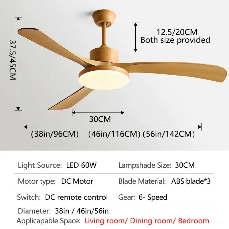 Modern wood 56 inch 3-leaf fan light with remote control dining room