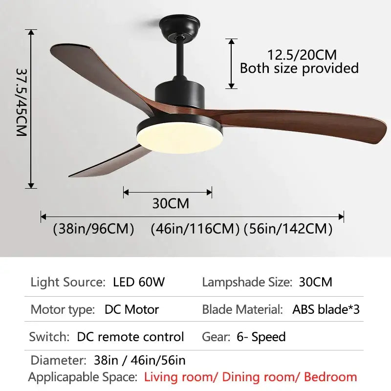 Modern wood 56 inch 3-leaf fan light with remote control dining room
