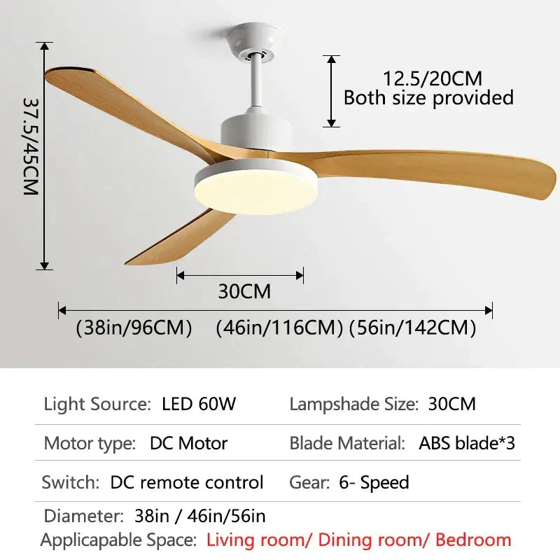 Modern wood 56 inch 3-leaf fan light with remote control dining room