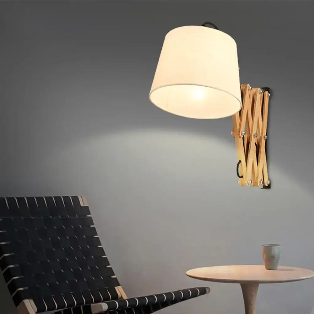 Modern wood accordion sconce with white fabric shade bedroom light