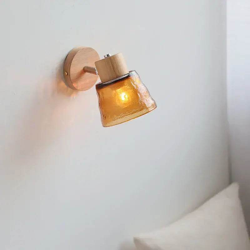 Modern wood and amber glass led wall sconce bedroom pull chain light