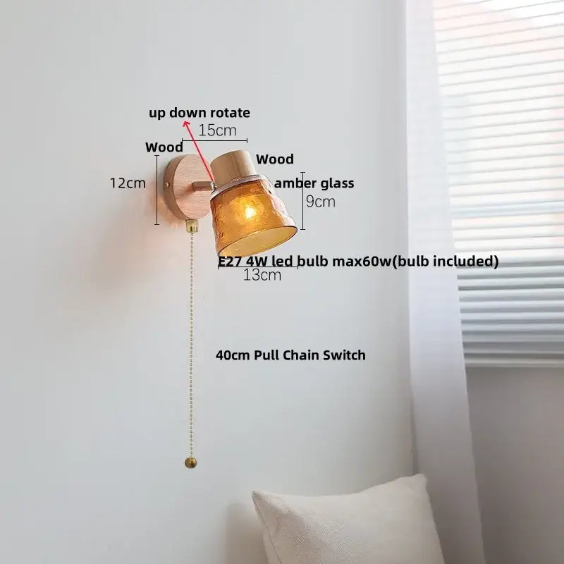 Modern wood and amber glass led wall sconce bedroom pull chain light