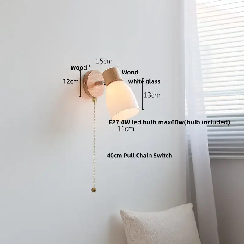 Modern wood and amber glass led wall sconce bedroom pull chain light