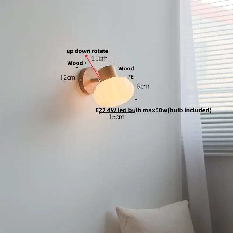 Modern wood and amber glass led wall sconce bedroom pull chain light