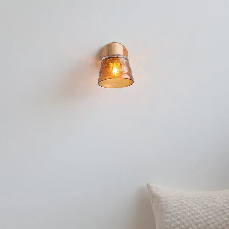 Modern wood and amber glass led wall sconce bedroom pull chain light