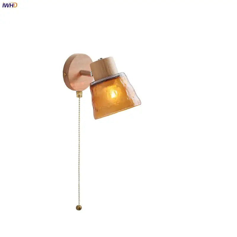 Modern wood and amber glass led wall sconce bedroom pull chain light