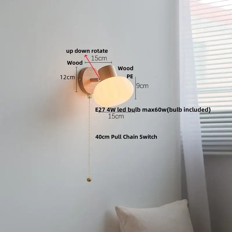 Modern wood and amber glass led wall sconce bedroom pull chain light