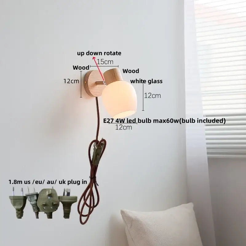 Modern wood and amber glass led wall sconce bedroom pull chain light