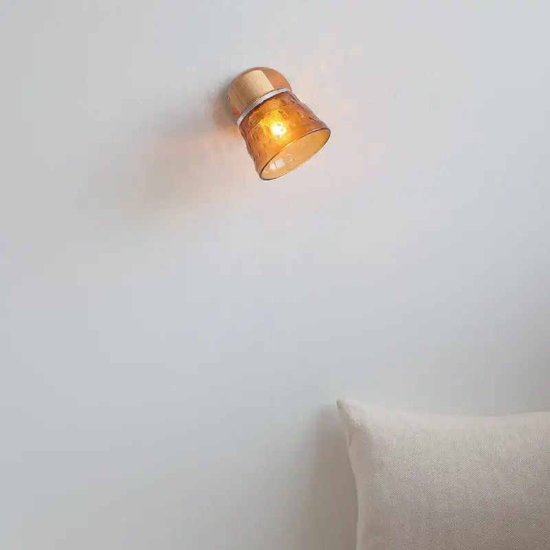 Modern wood and amber glass led wall sconce bedroom pull chain light
