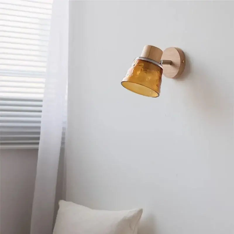 Modern wood and amber glass led wall sconce bedroom pull chain light