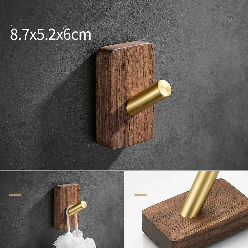 Modern wood and brushed gold wall hook row for kitchen