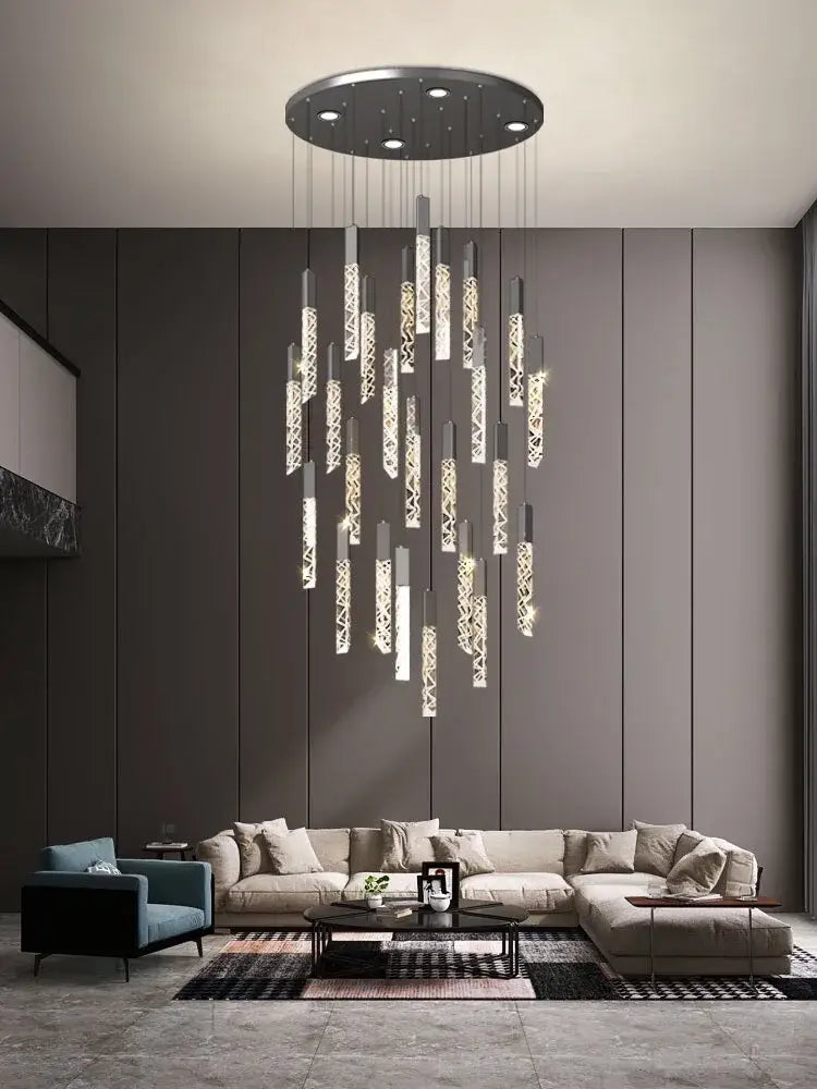 Modern wood and crystal column led chandelier staircase light