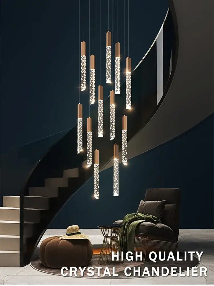 Modern wood and crystal column led chandelier staircase light