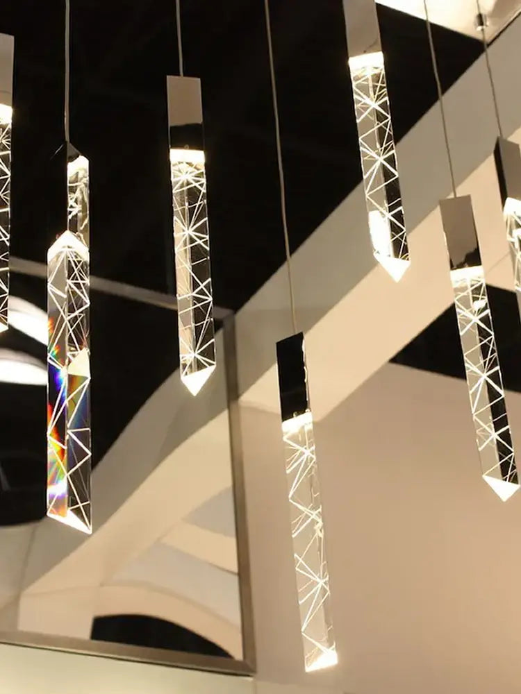 Modern wood and crystal column led chandelier staircase light
