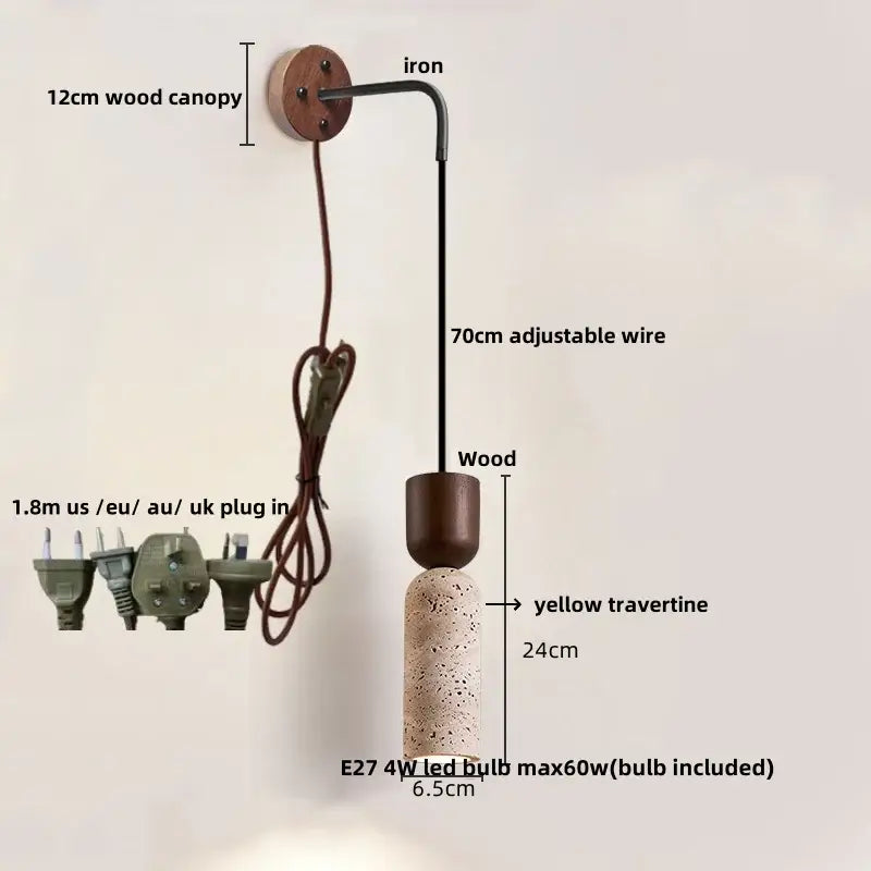 Modern wood and travertine led wall lamp bedroom sconce