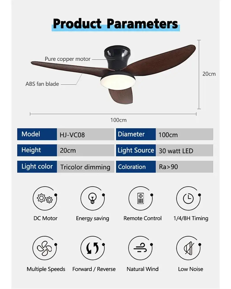 Modern wood and white ceiling fan with 30w remote control bedroom light