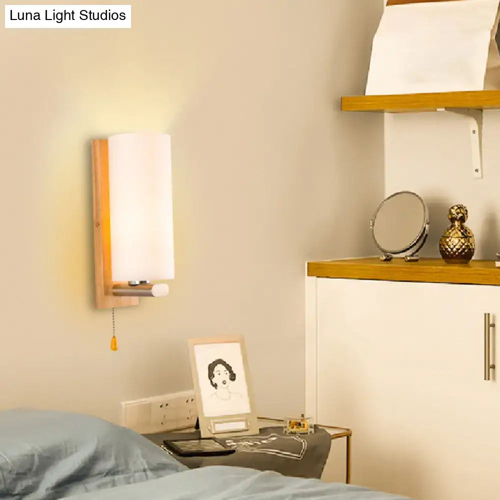 Modern wood and white glass wall sconce bedroom pull chain light