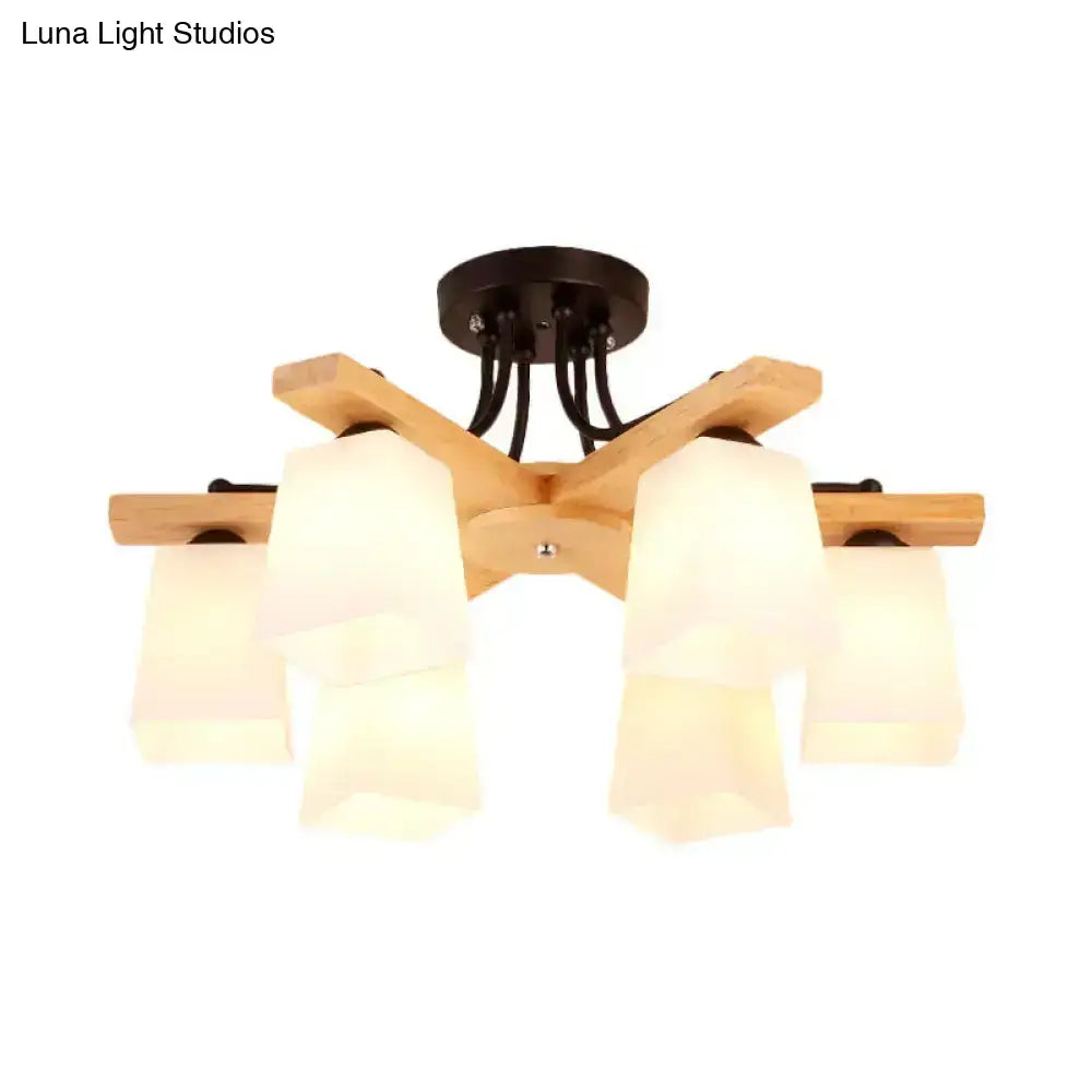 Modern wood & black semi flush mount milk glass shade living room light