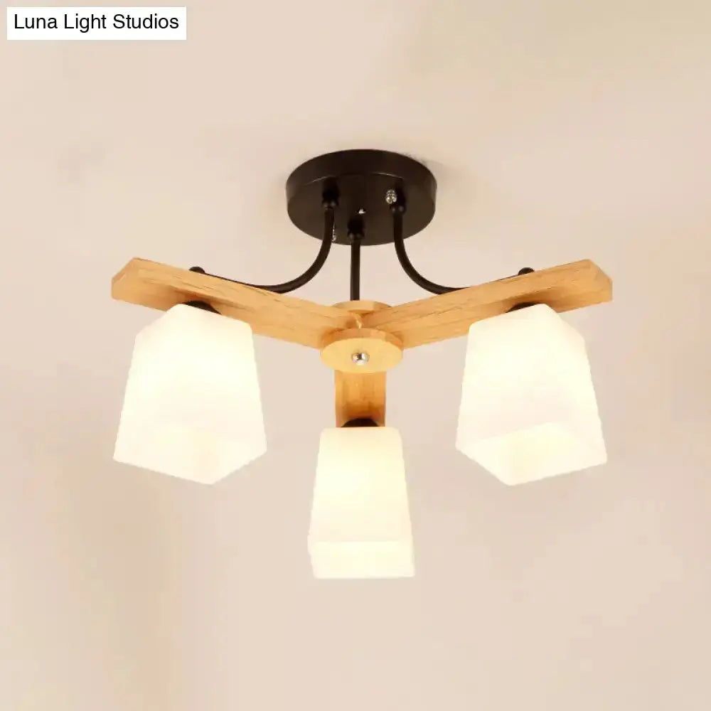 Modern wood & black semi flush mount milk glass shade living room light