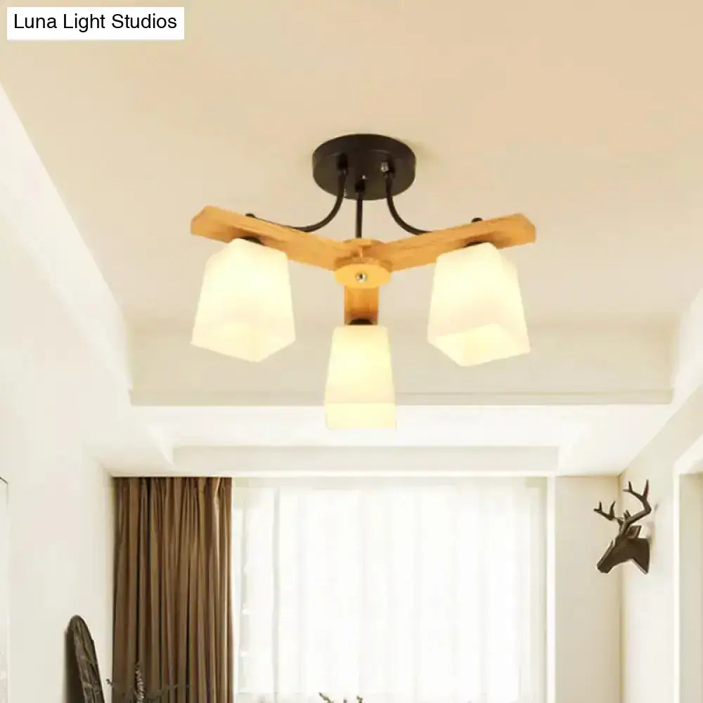 Modern wood & black semi flush mount milk glass shade living room light