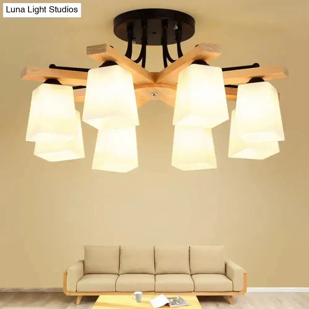 Modern wood & black semi flush mount milk glass shade living room light
