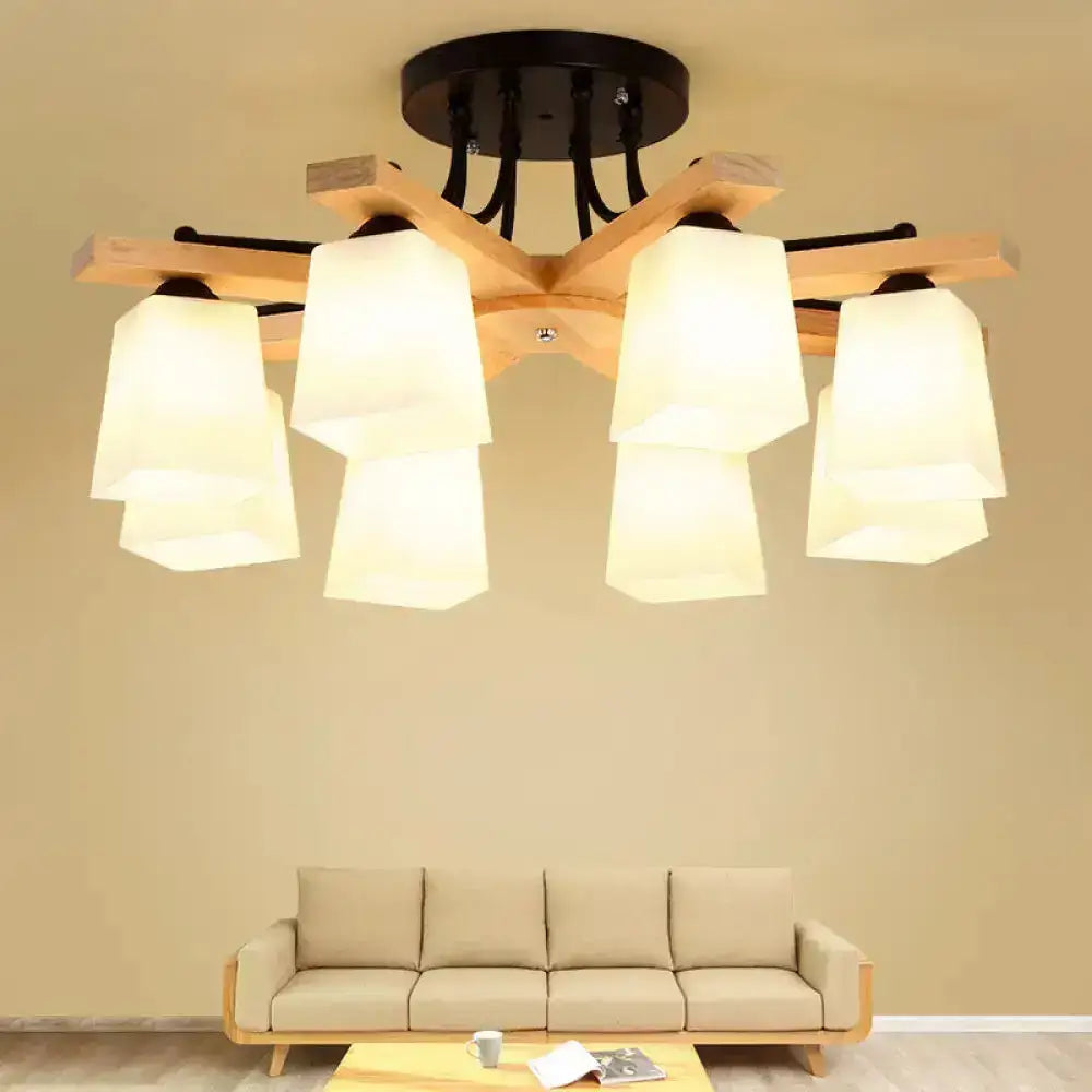Modern wood & black semi flush mount milk glass shade living room light