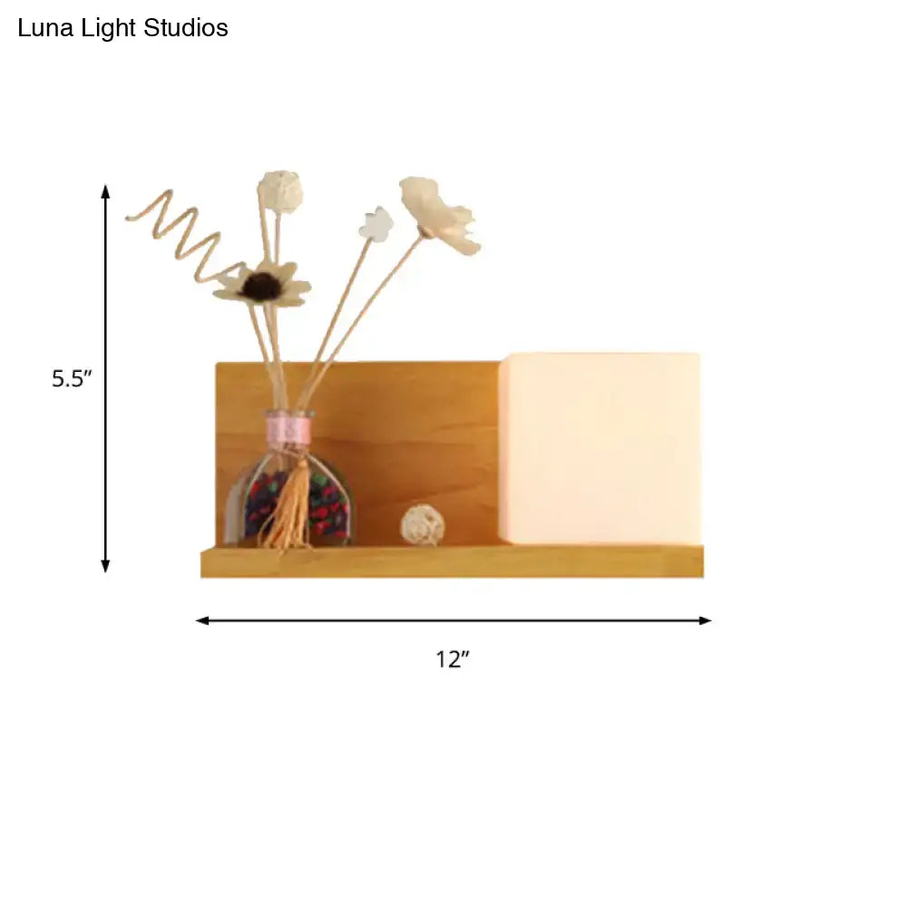 Modern wood floating shelf with beige wall lamp – bedroom sconce light