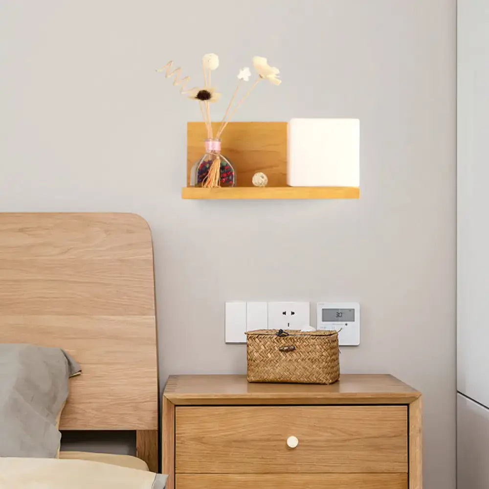 Modern wood floating shelf with beige wall lamp – bedroom sconce light