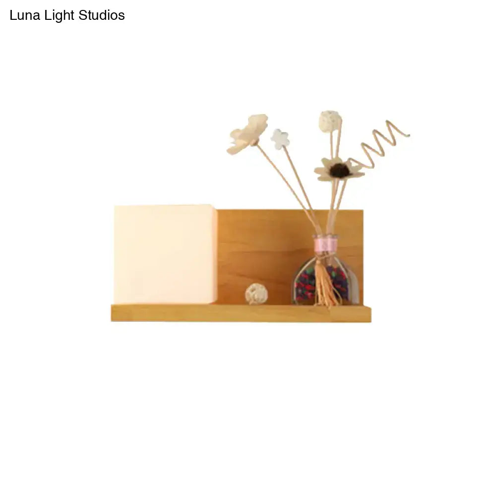Modern wood floating shelf with beige wall lamp – bedroom sconce light