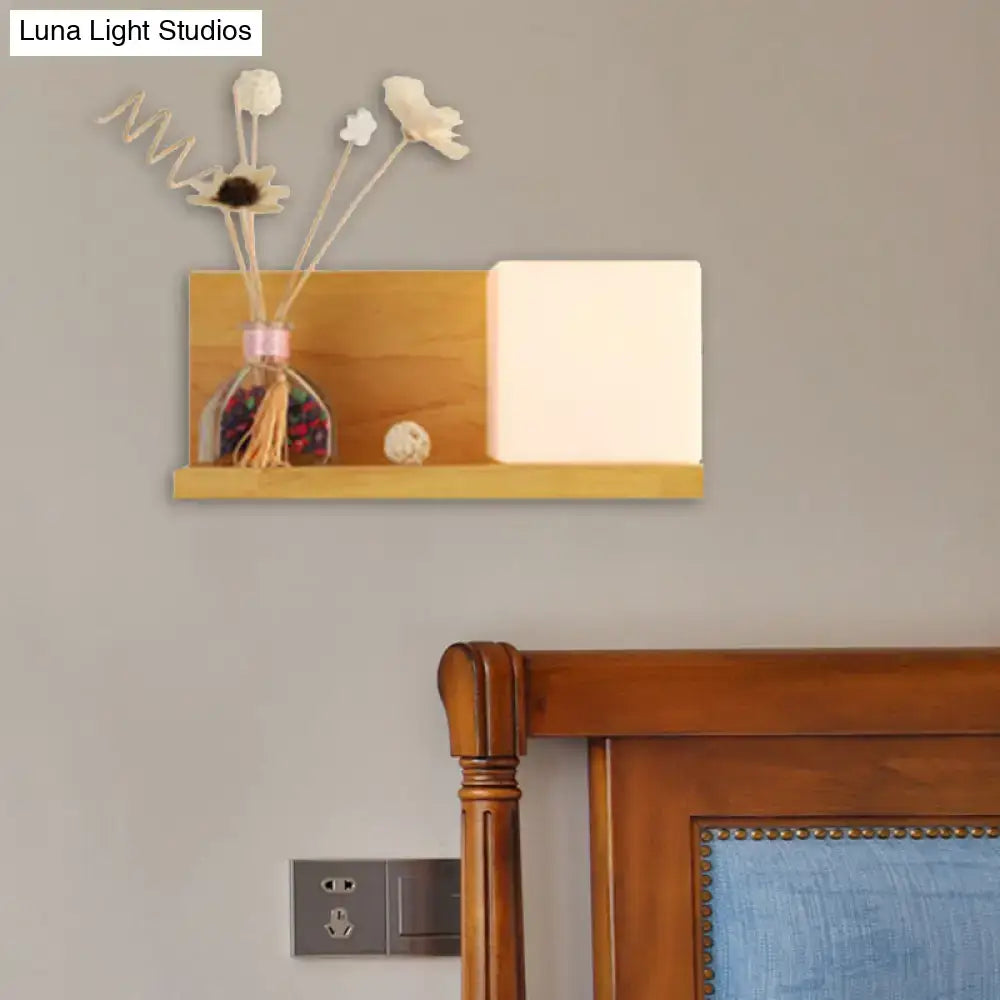 Modern wood floating shelf with beige wall lamp – bedroom sconce light