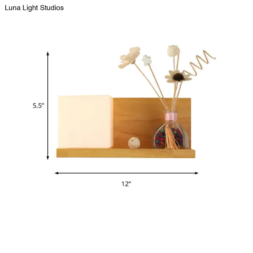 Modern wood floating shelf with beige wall lamp – bedroom sconce light