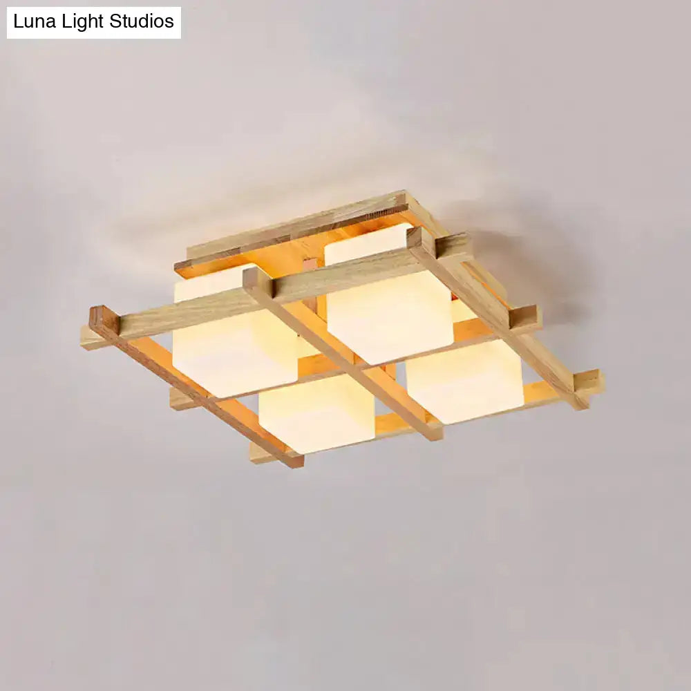 Modern wood grid semi flush mount – living room glass ceiling light