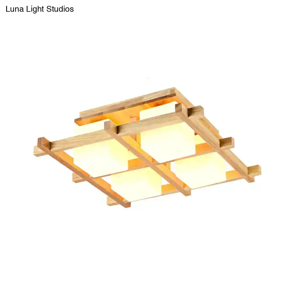 Modern wood grid semi flush mount – living room glass ceiling light