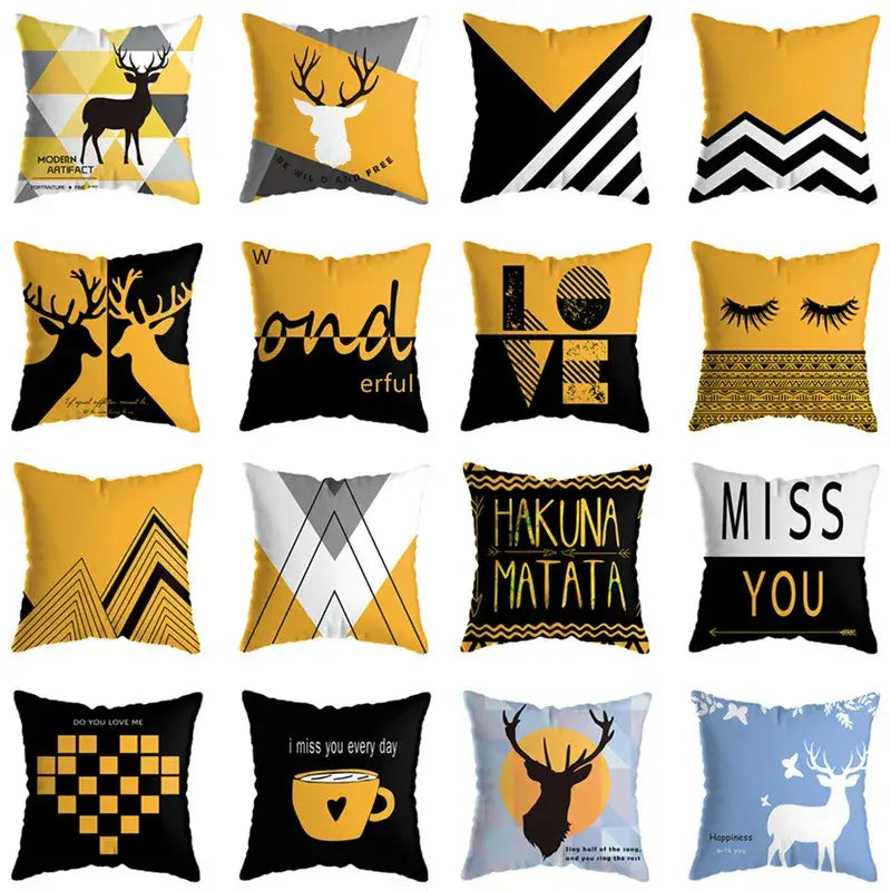 Modern yellow and black geometric deer print pillowcase living room