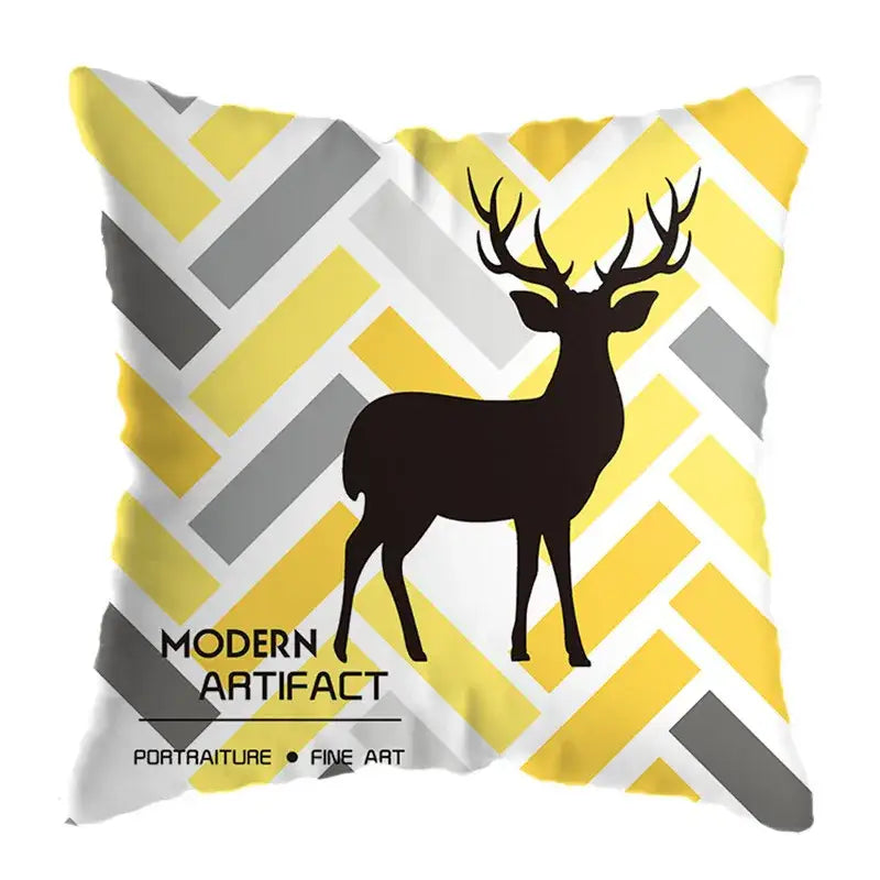 Modern yellow and black geometric deer print pillowcase living room