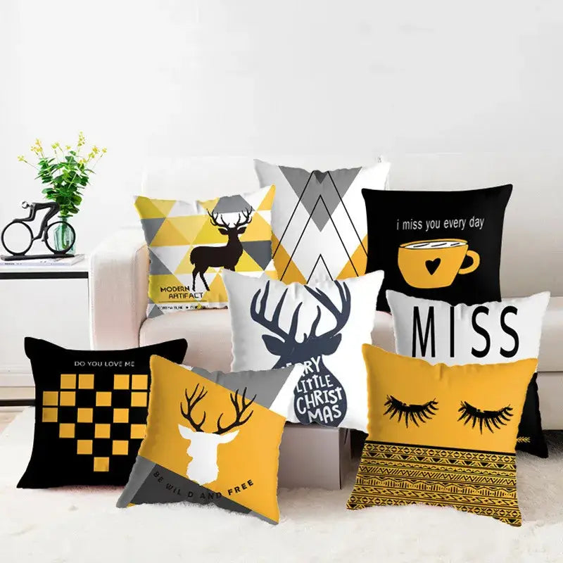 Modern yellow and black geometric deer print pillowcase living room