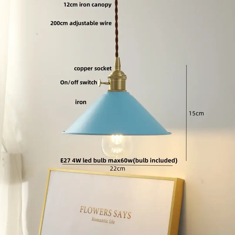Modern yellow conical pendant light with copper knob for kitchens